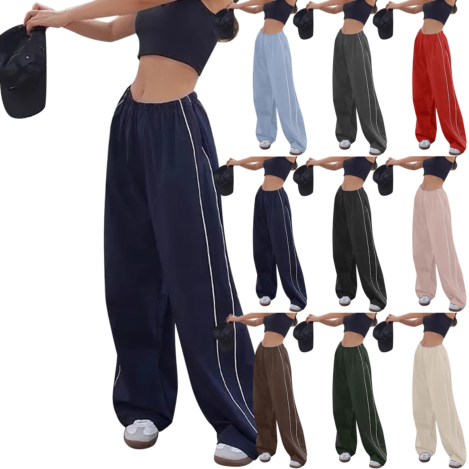 thumbnail image 5 of Pantalones cargo retro con múltiples bolsillos para mujer: cintura baja, cordón, hebilla tipo «pig nose», mezcla de algodón, corte recto holgado, 5 of 8